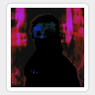 Portrait, digital collage and special processing. Like arabic. Cursed man with mouth mask. Pink and blue. Sticker